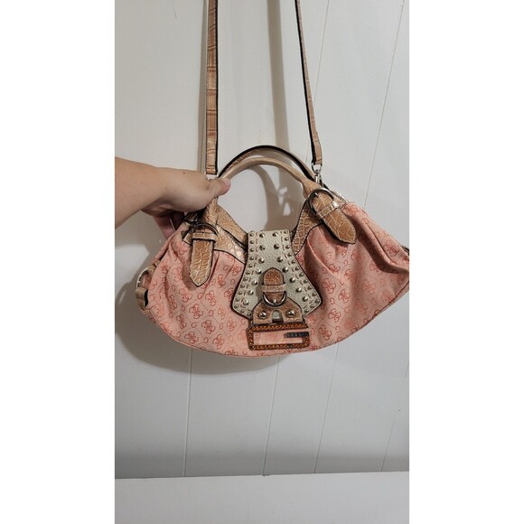 Vintage Y2K Guess Pink Cotton Purse Hobo Crossbody Handbag Logo RARE - Picture 1 of 9
